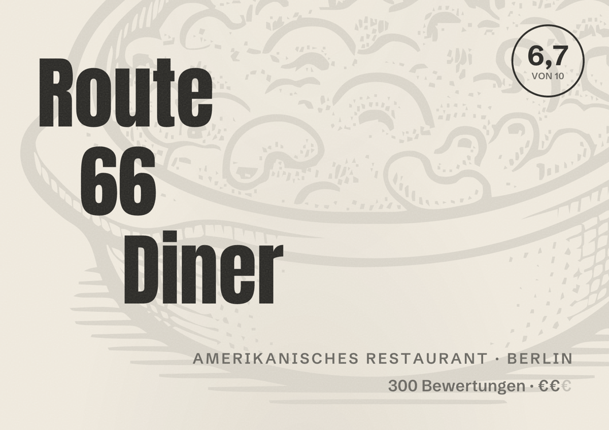 Illustriertes Poster von Route 66 Diner, Amerikanisches Restaurant in Berlin: Bewertung 6,7 von 10 aus 300 Bewertungen, Preisniveau €€