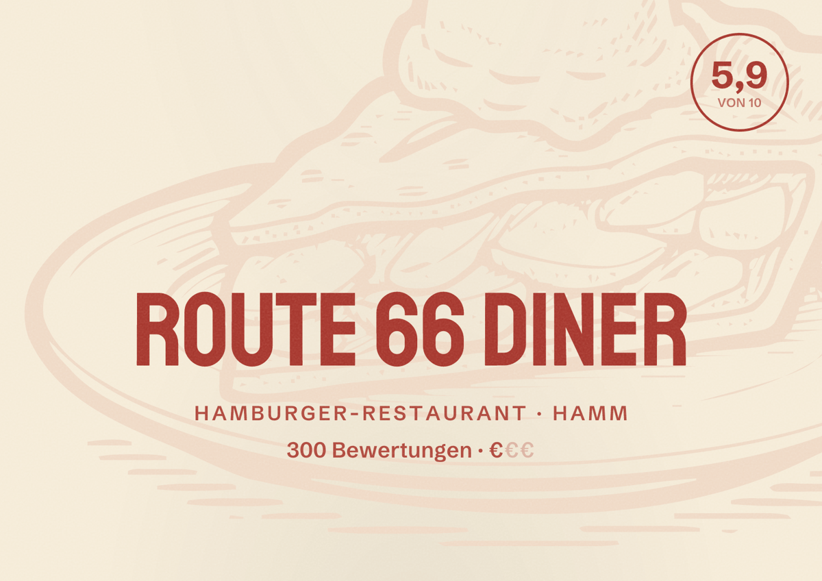 Illustriertes Poster von Route 66 Diner, Hamburger-Restaurant in Hamm: Bewertung 5,9 von 10 aus 300 Bewertungen, Preisniveau €