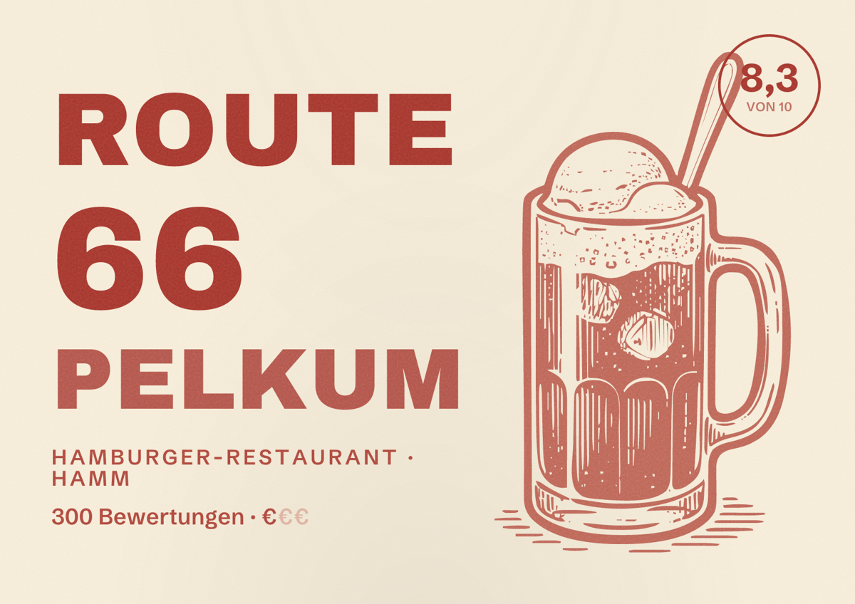 Illustriertes Poster von Route 66 Pelkum, Hamburger-Restaurant in Hamm: Bewertung 8,3 von 10 aus 300 Bewertungen, Preisniveau €