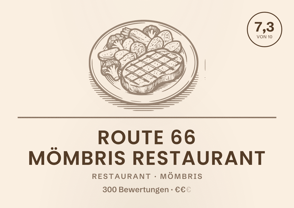 Illustriertes Poster von Route 66 Mömbris Restaurant, Restaurant in Mömbris: Bewertung 7,3 von 10 aus 300 Bewertungen, Preisniveau €€