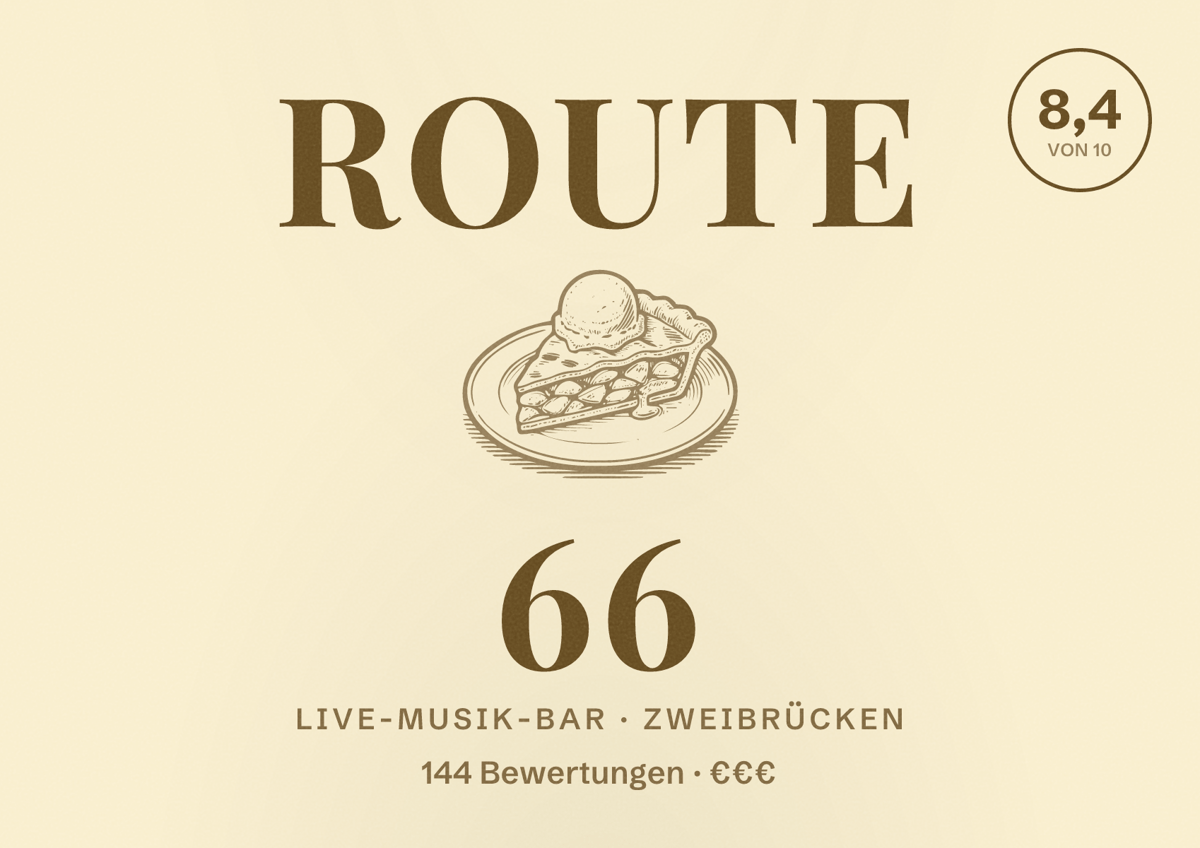 Illustriertes Poster von Route 66, Live-Musik-Bar in Zweibrücken: Bewertung 8,4 von 10 aus 144 Bewertungen, Preisniveau €€€