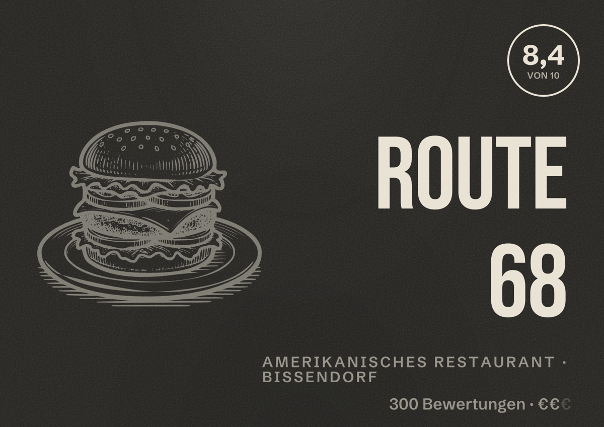 Illustriertes Poster von Route 68, Amerikanisches Restaurant in Bissendorf: Bewertung 8,4 von 10 aus 300 Bewertungen, Preisniveau €€