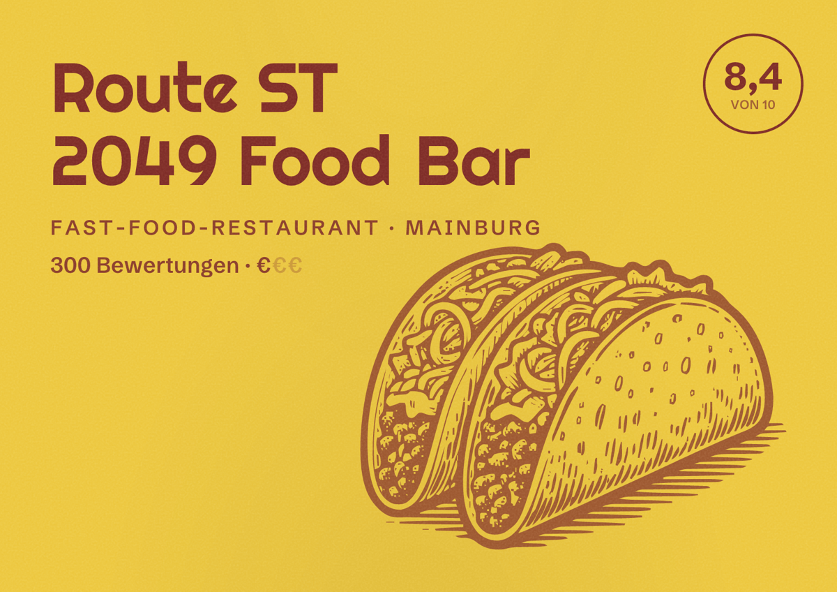 Illustriertes Poster von Route ST 2049 Food Bar, Fast-Food-Restaurant in Mainburg: Bewertung 8,4 von 10 aus 300 Bewertungen, Preisniveau €