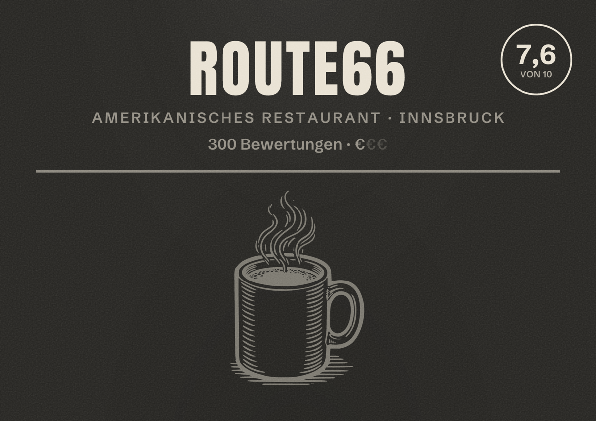 Illustriertes Poster von Route66, Amerikanisches Restaurant in Innsbruck: Bewertung 7,6 von 10 aus 300 Bewertungen, Preisniveau €