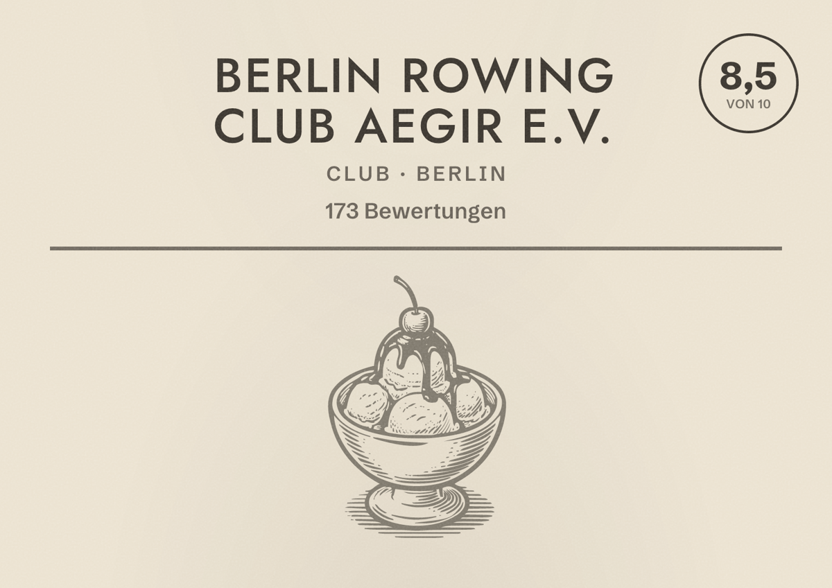 Illustriertes Poster von Berlin Rowing Club Aegir e.V., Club in Berlin: Bewertung 8,5 von 10 aus 173 Bewertungen