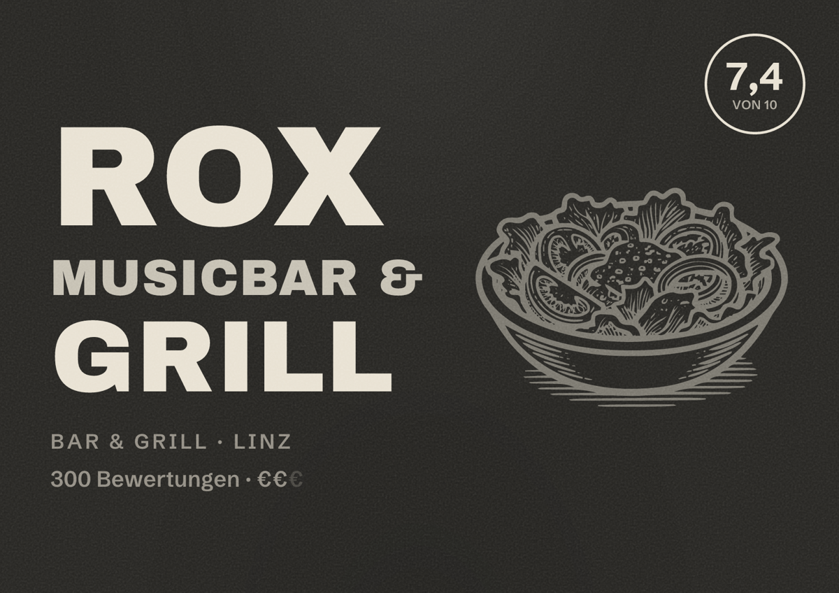 Illustriertes Poster von Rox Musicbar & Grill, Bar & Grill in Linz: Bewertung 7,4 von 10 aus 300 Bewertungen, Preisniveau €€