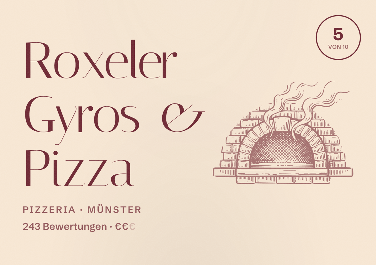Illustriertes Poster von Roxeler Gyros & Pizza, Pizzeria in Münster: Bewertung 5,0 von 10 aus 243 Bewertungen, Preisniveau €€