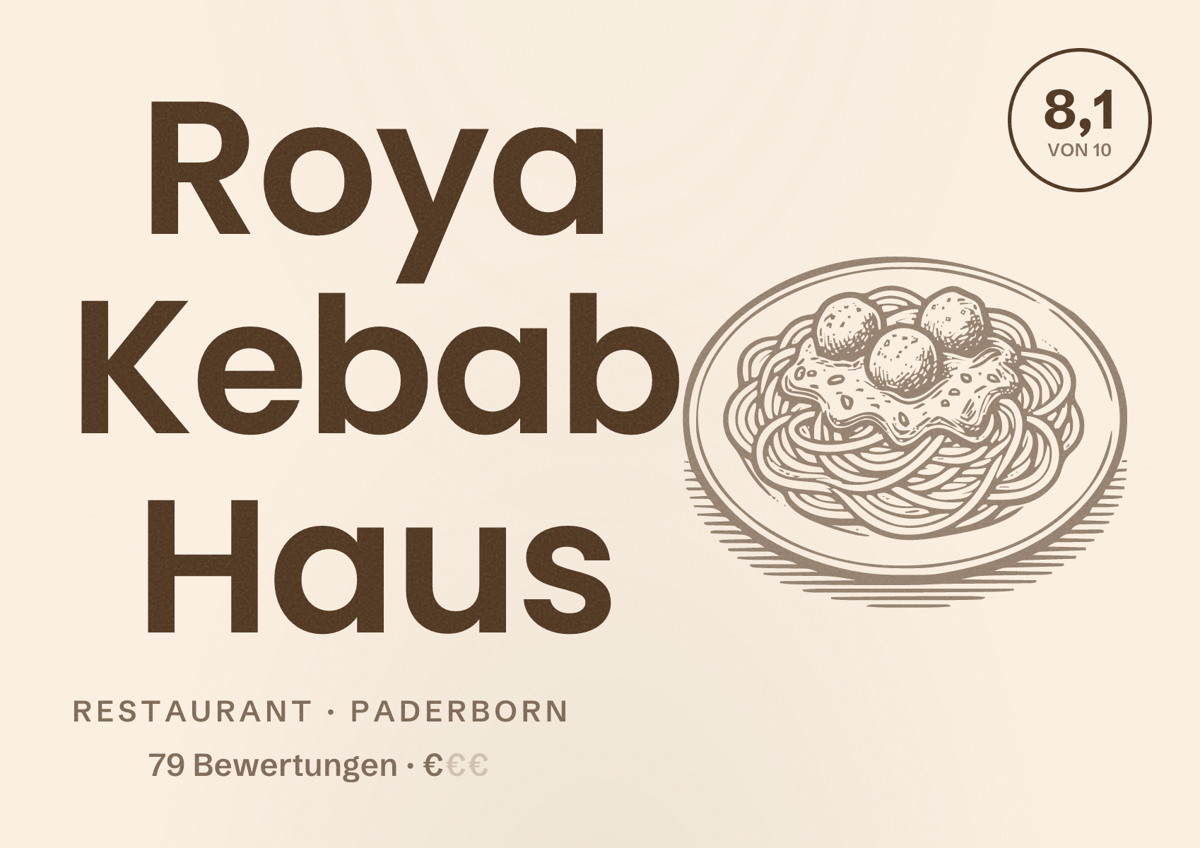 Illustriertes Poster von Roya Kebab Haus, Restaurant in Paderborn: Bewertung 8,1 von 10 aus 79 Bewertungen, Preisniveau €