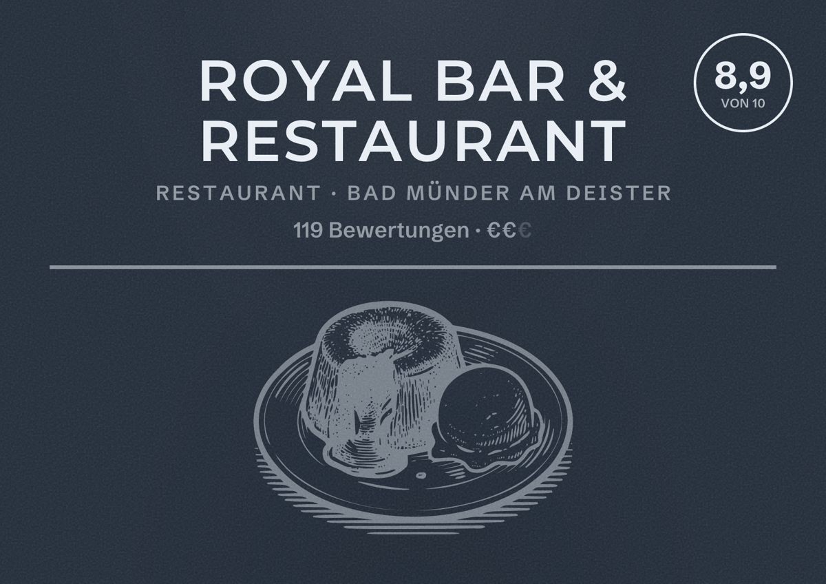 Illustriertes Poster von Royal Bar & Restaurant, Restaurant in Bad Münder am Deister: Bewertung 8,9 von 10 aus 119 Bewertungen, Preisniveau €€