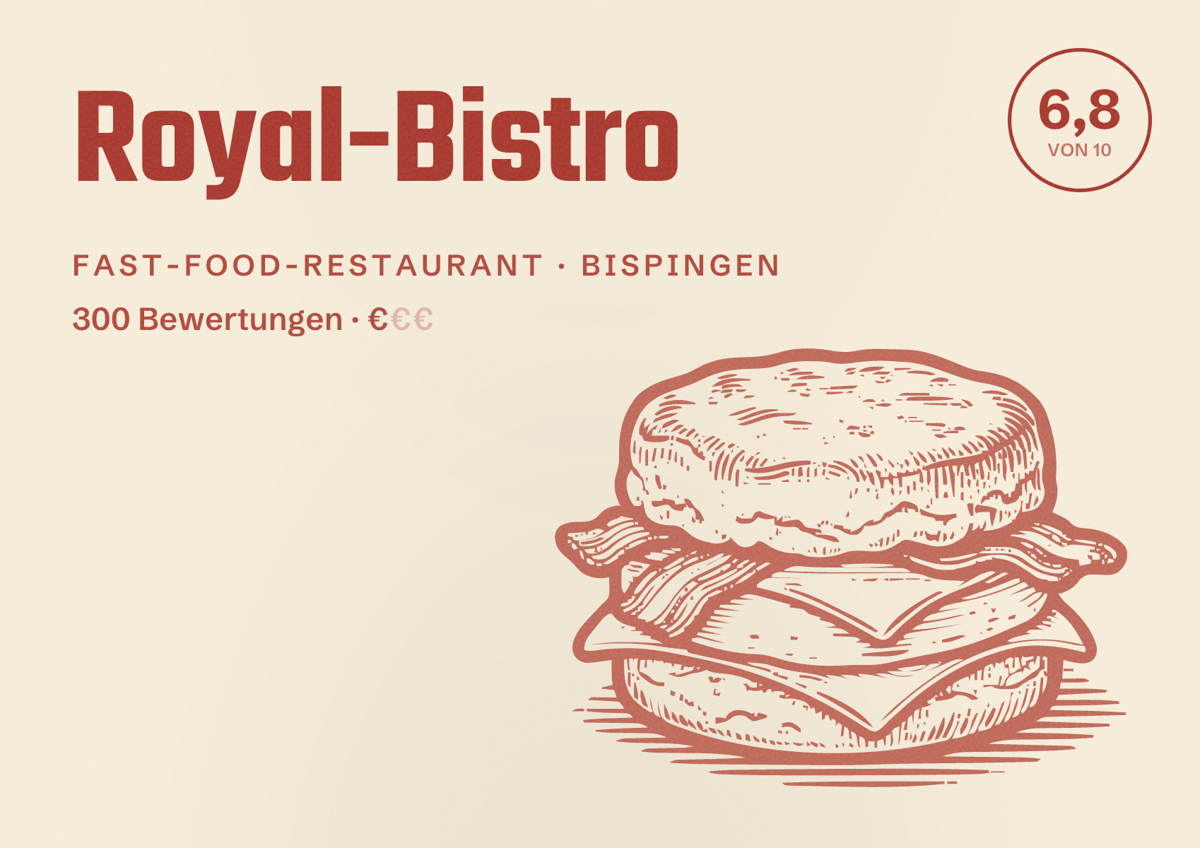 Illustriertes Poster von Royal-Bistro, Fast-Food-Restaurant in Bispingen: Bewertung 6,8 von 10 aus 300 Bewertungen, Preisniveau €