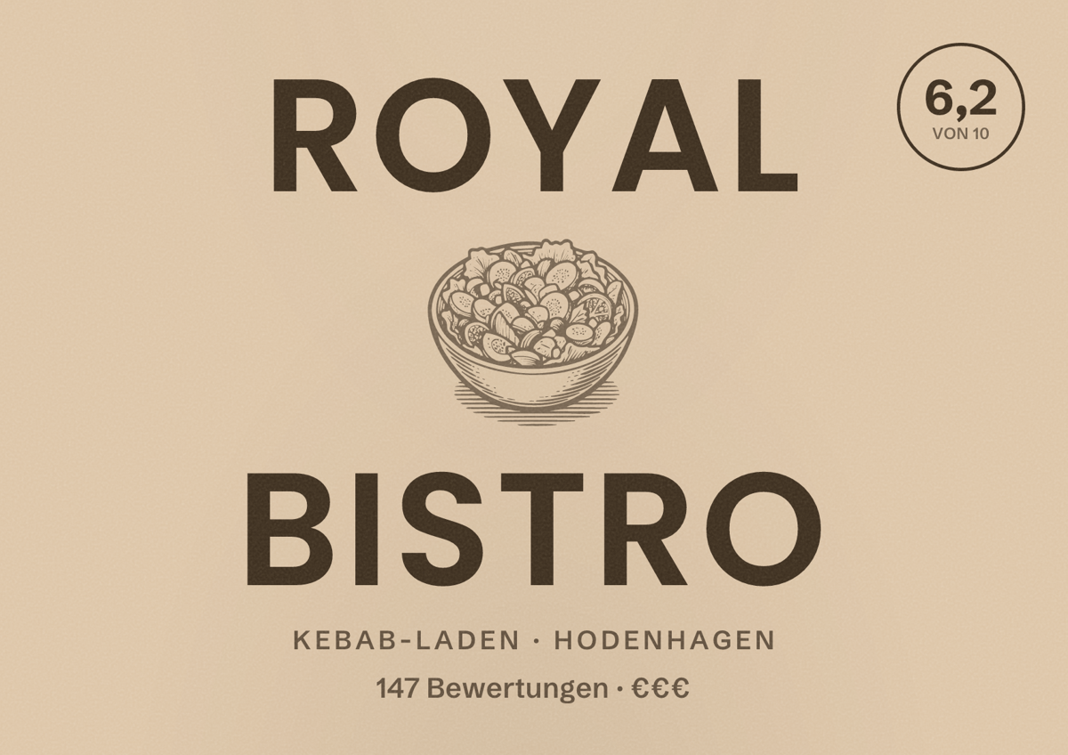 Illustriertes Poster von Royal Bistro, Kebab-Laden in Hodenhagen: Bewertung 6,2 von 10 aus 147 Bewertungen, Preisniveau €€€