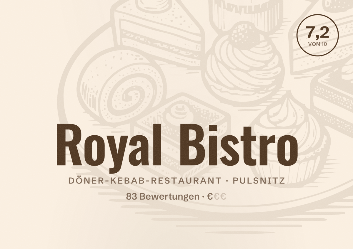 Illustriertes Poster von Royal Bistro, Döner-Kebab-Restaurant in Pulsnitz: Bewertung 7,2 von 10 aus 83 Bewertungen, Preisniveau €