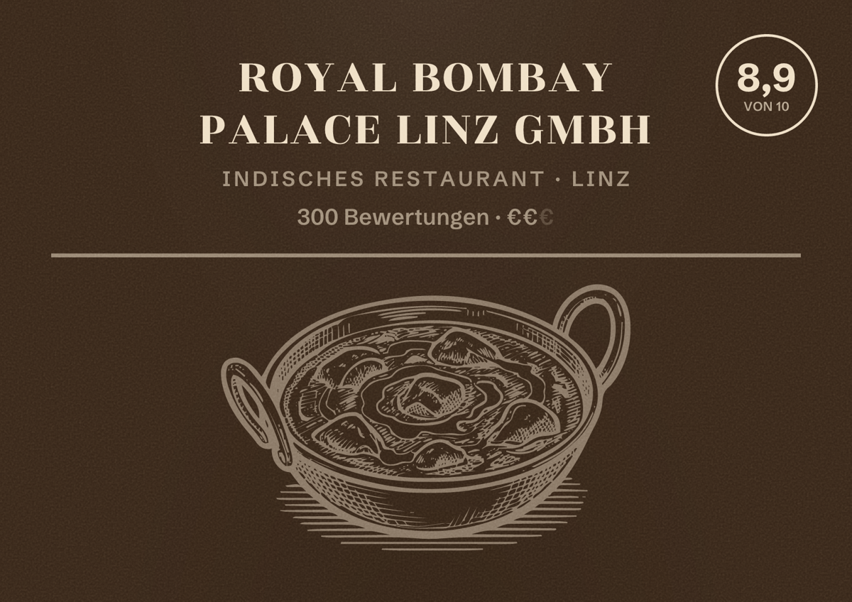 Illustriertes Poster von Royal Bombay Palace Linz GmbH, Indisches Restaurant in Linz: Bewertung 8,9 von 10 aus 300 Bewertungen, Preisniveau €€