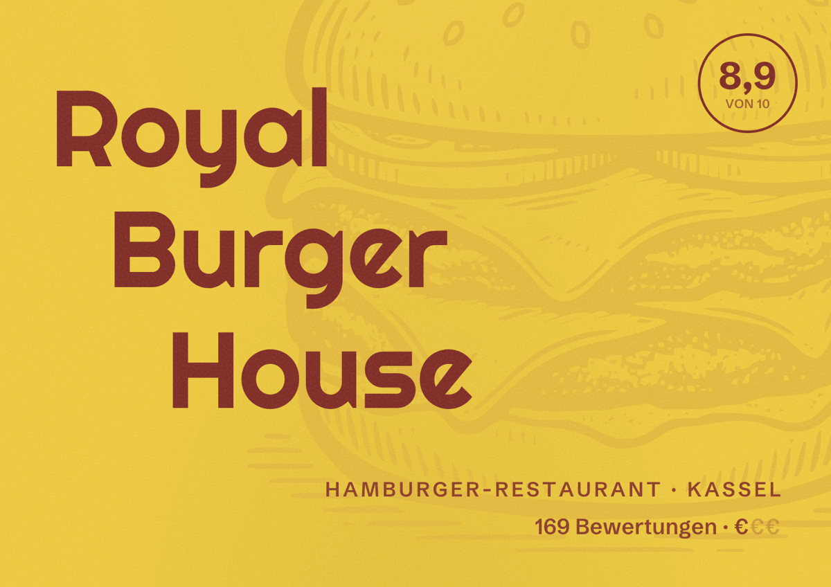 Illustriertes Poster von Royal Burger House, Hamburger-Restaurant in Kassel: Bewertung 8,9 von 10 aus 169 Bewertungen, Preisniveau €
