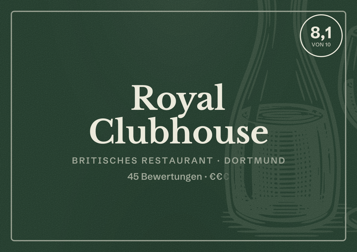 Illustriertes Poster von Royal Clubhouse, Britisches Restaurant in Dortmund: Bewertung 8,1 von 10 aus 45 Bewertungen, Preisniveau €€