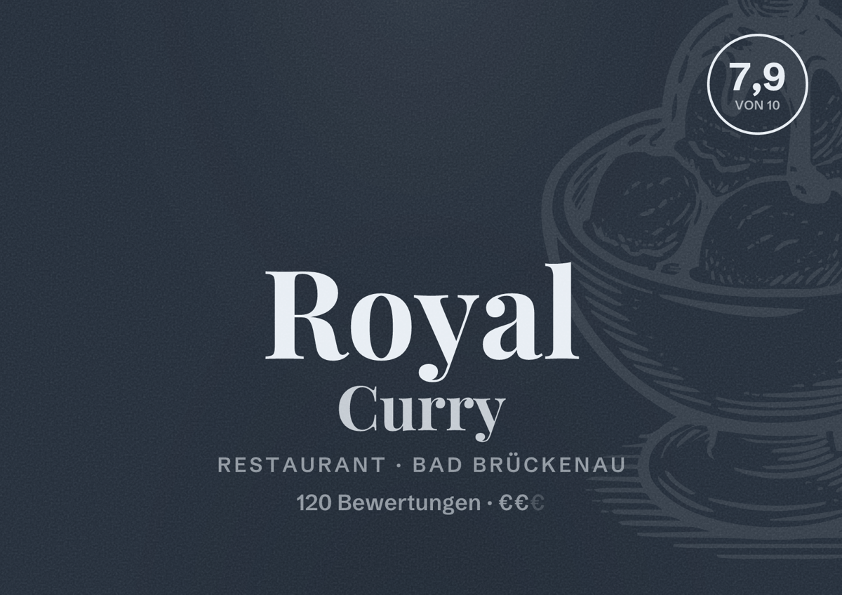 Illustriertes Poster von Royal Curry, Restaurant in Bad Brückenau: Bewertung 7,9 von 10 aus 120 Bewertungen, Preisniveau €€