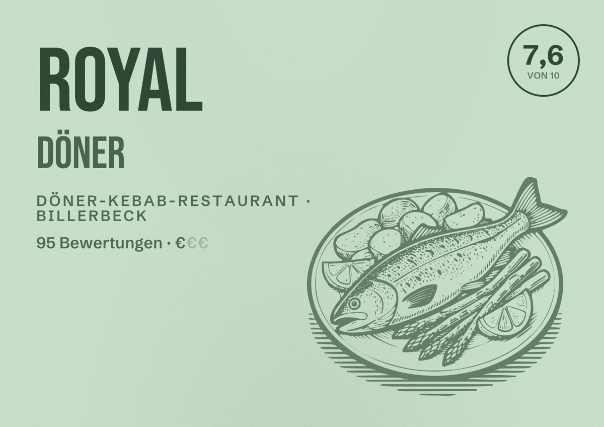 Illustriertes Poster von Royal Döner, Döner-Kebab-Restaurant in Billerbeck: Bewertung 7,6 von 10 aus 95 Bewertungen, Preisniveau €