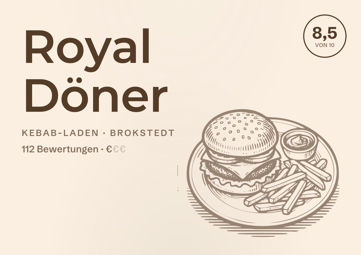 Illustriertes Poster von Royal Döner, Kebab-Laden in Brokstedt: Bewertung 8,5 von 10 aus 112 Bewertungen, Preisniveau €
