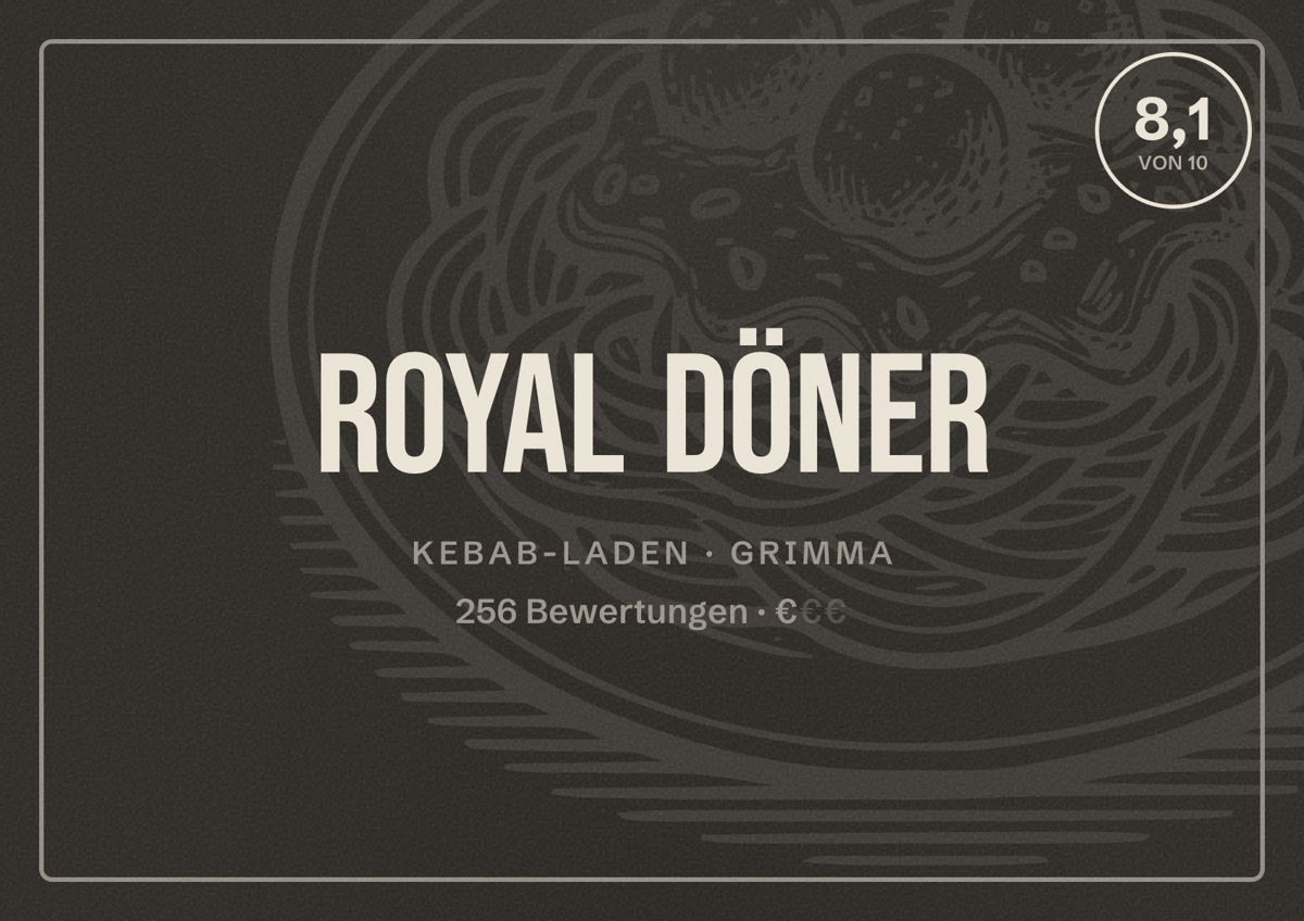 Illustriertes Poster von Royal Döner, Kebab-Laden in Grimma: Bewertung 8,1 von 10 aus 256 Bewertungen, Preisniveau €