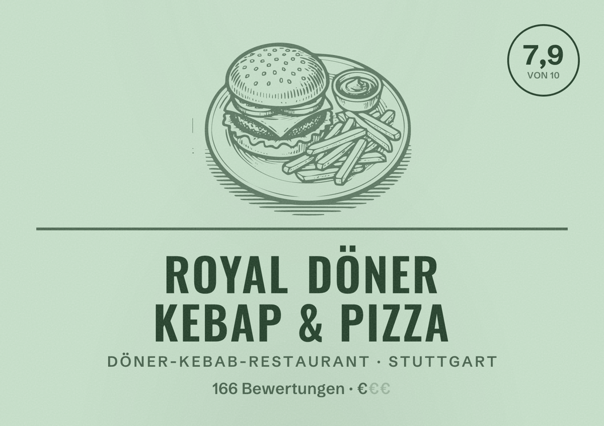 Illustriertes Poster von Royal Döner Kebap & Pizza, Döner-Kebab-Restaurant in Stuttgart: Bewertung 7,9 von 10 aus 166 Bewertungen, Preisniveau €