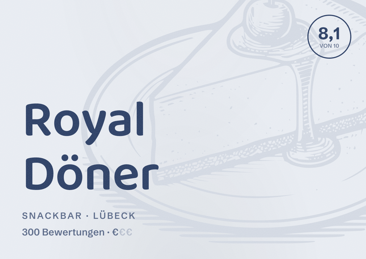 Illustriertes Poster von Royal Döner, Snackbar in Lübeck: Bewertung 8,1 von 10 aus 300 Bewertungen, Preisniveau €