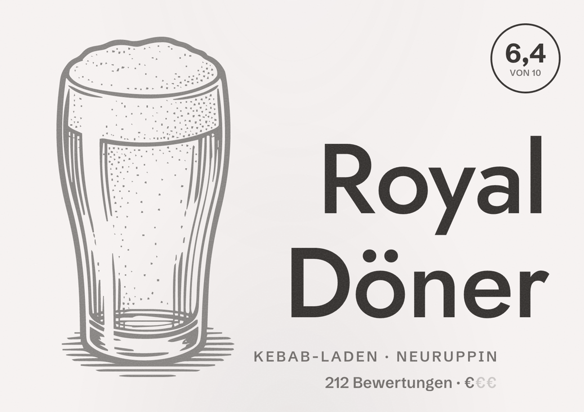 Illustriertes Poster von Royal Döner, Kebab-Laden in Neuruppin: Bewertung 6,4 von 10 aus 212 Bewertungen, Preisniveau €