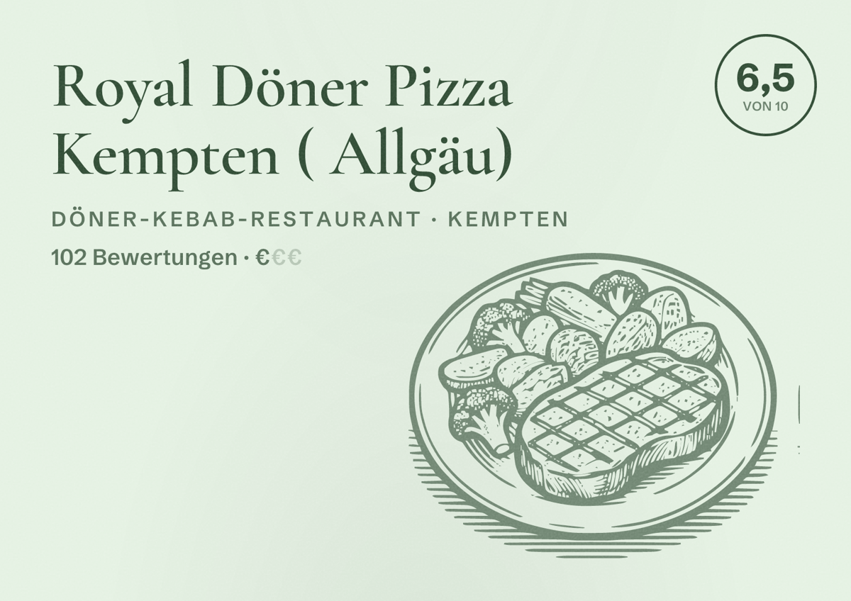 Illustriertes Poster von Royal Döner Pizza Kempten ( Allgäu), Döner-Kebab-Restaurant in Kempten: Bewertung 6,5 von 10 aus 102 Bewertungen, Preisniveau €