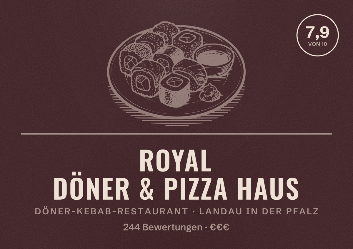 Illustriertes Poster von Royal Döner & Pizza Haus, Döner-Kebab-Restaurant in Landau in der Pfalz: Bewertung 7,9 von 10 aus 244 Bewertungen, Preisniveau €€€