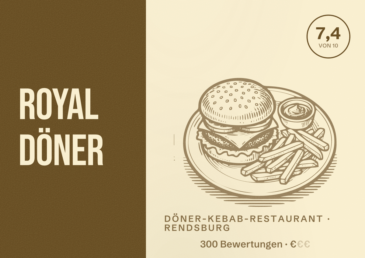 Illustriertes Poster von Royal Döner, Döner-Kebab-Restaurant in Rendsburg: Bewertung 7,4 von 10 aus 300 Bewertungen, Preisniveau €