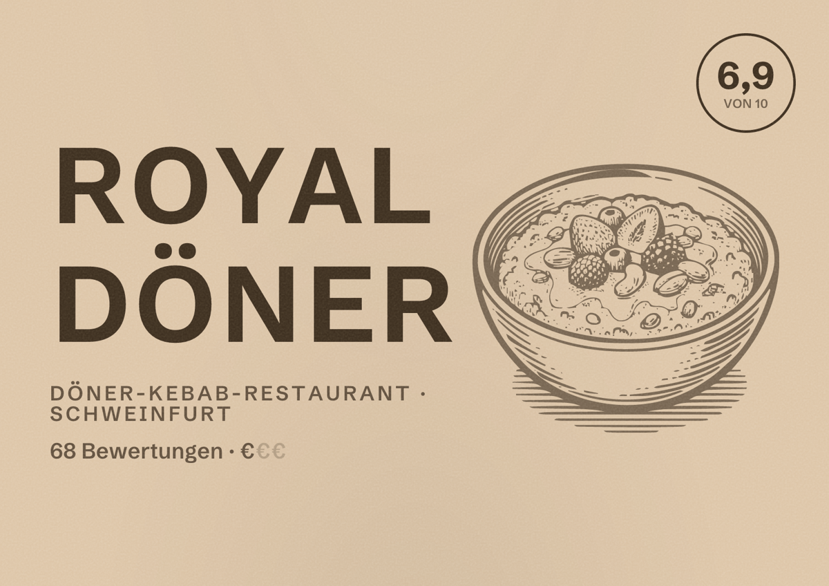 Illustriertes Poster von Royal Döner, Döner-Kebab-Restaurant in Schweinfurt: Bewertung 6,9 von 10 aus 68 Bewertungen, Preisniveau €