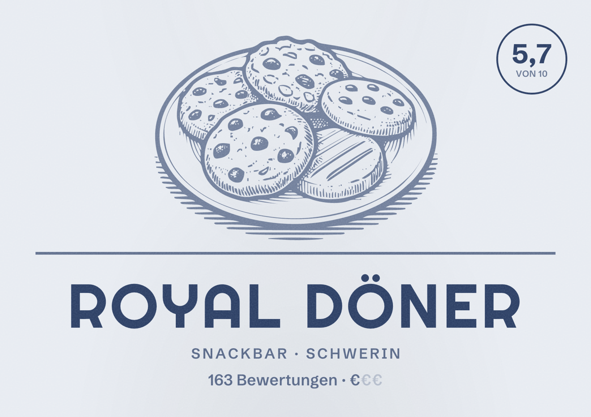 Illustriertes Poster von Royal Döner, Snackbar in Schwerin: Bewertung 5,7 von 10 aus 163 Bewertungen, Preisniveau €