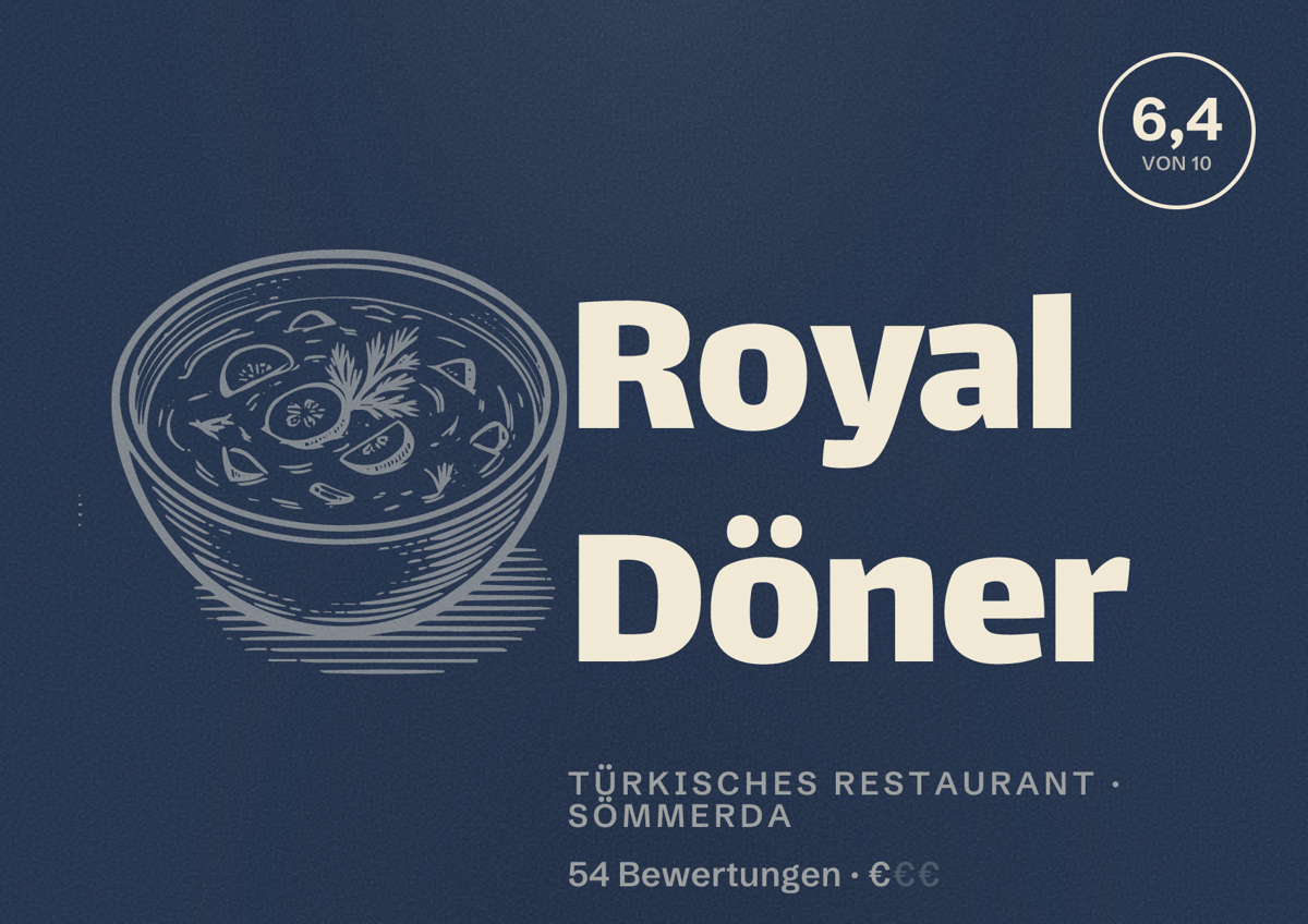 Illustriertes Poster von Royal Döner, Türkisches Restaurant in Sömmerda: Bewertung 6,4 von 10 aus 54 Bewertungen, Preisniveau €