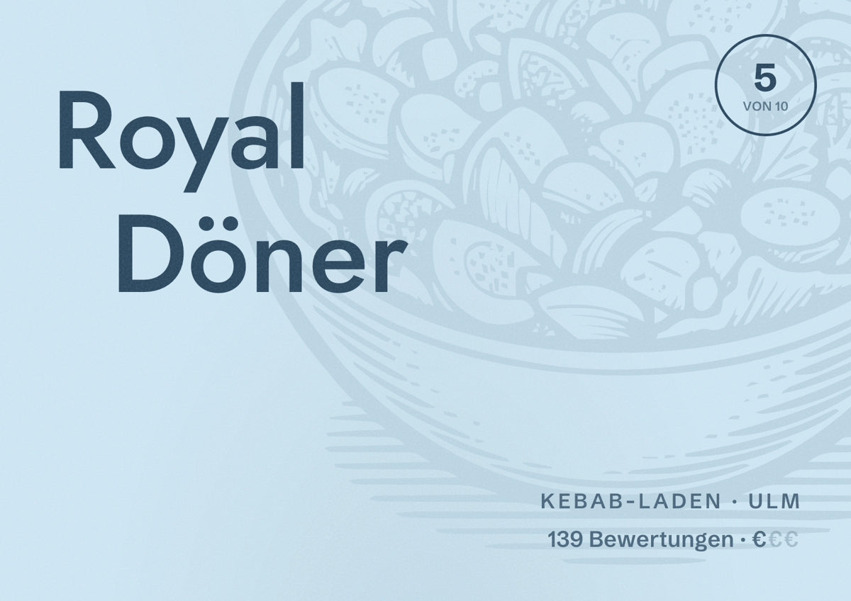 Illustriertes Poster von Royal Döner, Kebab-Laden in Ulm: Bewertung 5 von 10 aus 139 Bewertungen, Preisniveau €