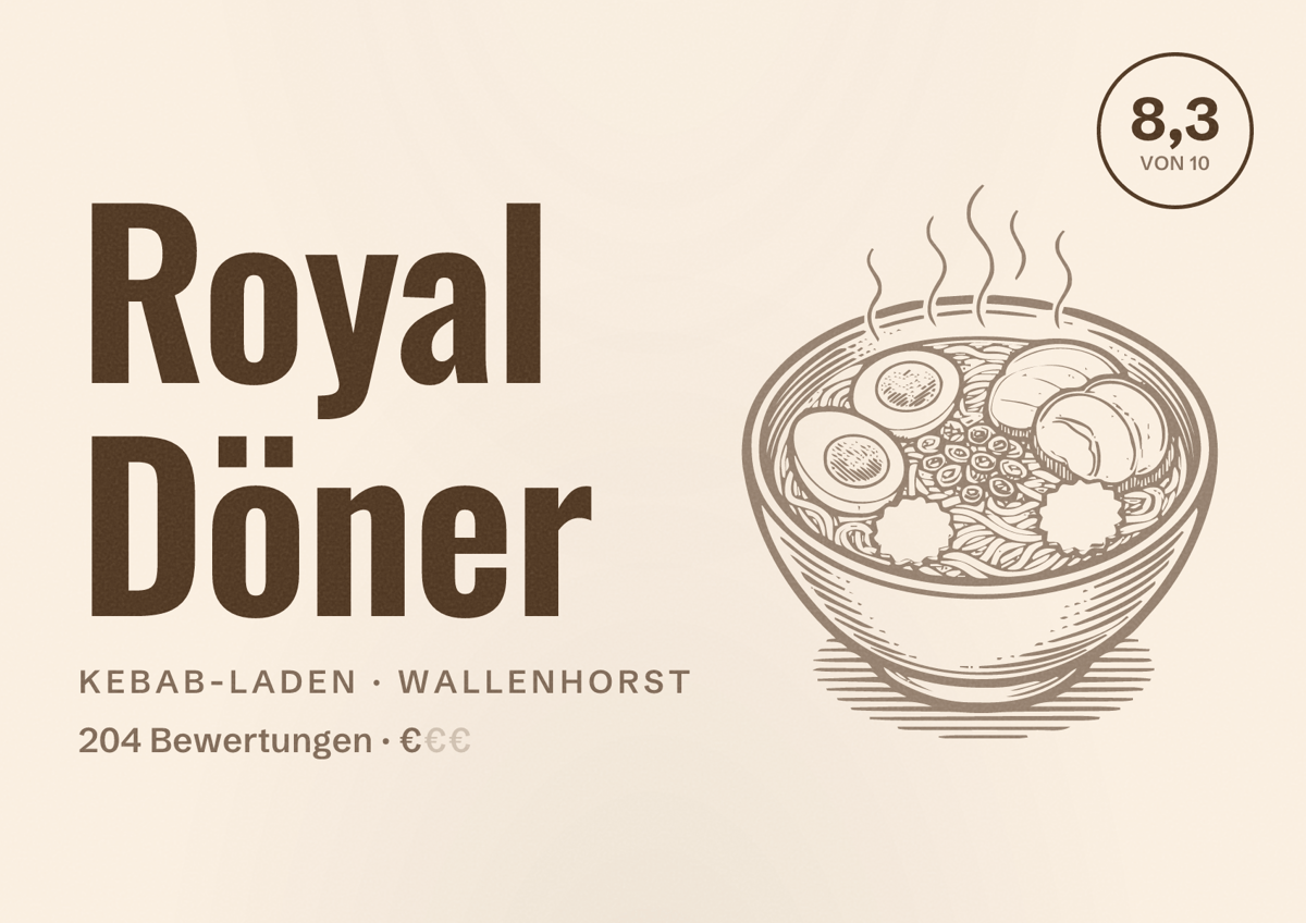 Illustriertes Poster von Royal Döner, Kebab-Laden in Wallenhorst: Bewertung 8,3 von 10 aus 204 Bewertungen, Preisniveau €