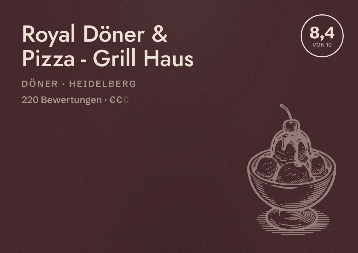 Illustriertes Poster von Royal Döner & Pizza - Grill Haus, Döner in Heidelberg: Gästebewertung 8,4 von 10 aus 220 Bewertungen