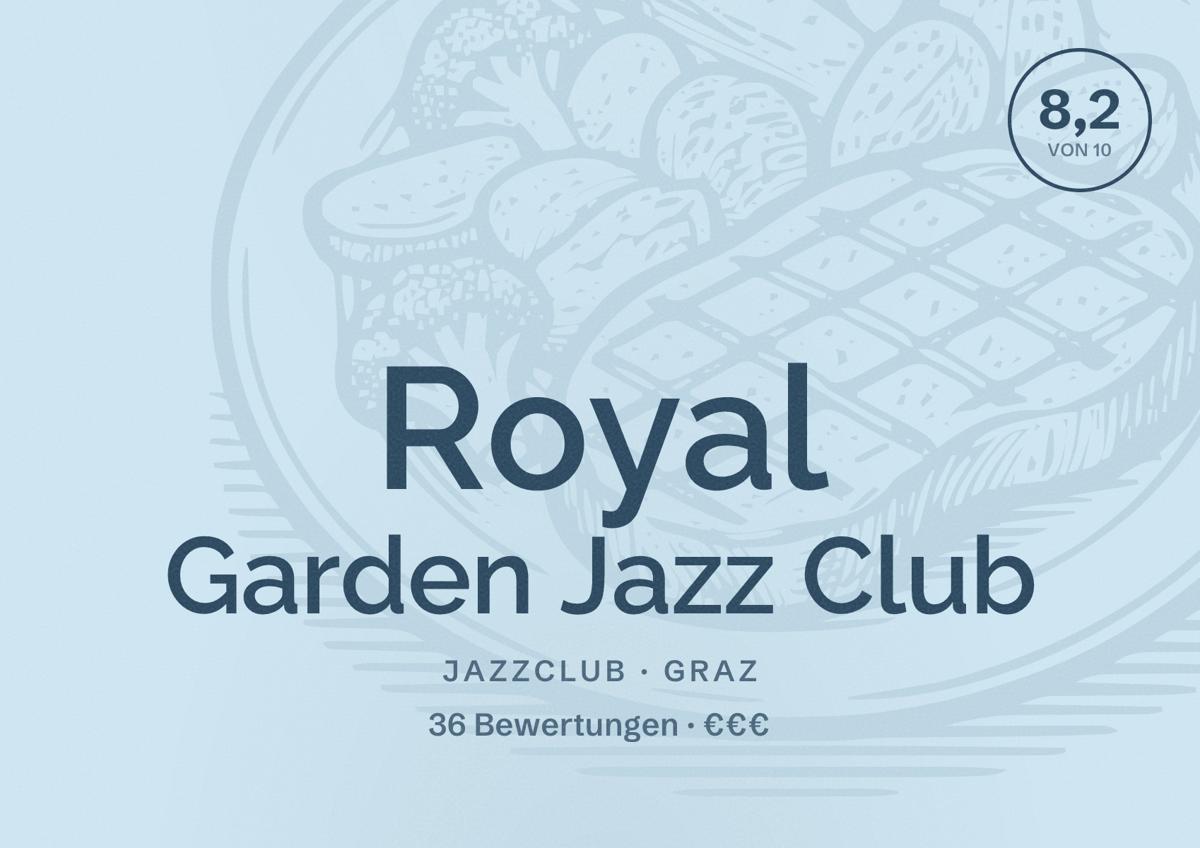 Illustriertes Poster von Royal Garden Jazz Club, Jazzclub in Graz: Bewertung 8,2 von 10 aus 36 Bewertungen, Preisniveau €€€