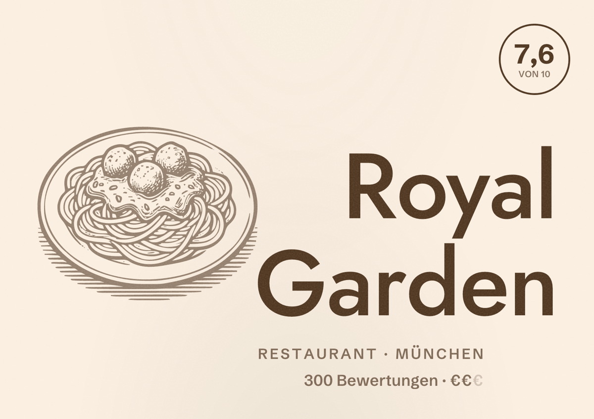 Illustriertes Poster von Royal Garden, Restaurant in München: Bewertung 7,6 von 10 aus 300 Bewertungen, Preisniveau €€