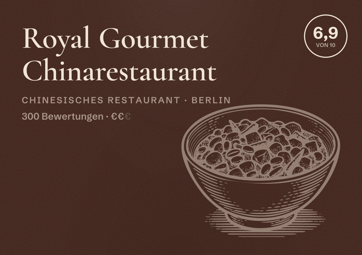 Illustriertes Poster von Royal Gourmet Chinarestaurant, Chinesisches Restaurant in Berlin: Bewertung 6,9 von 10 aus 300 Bewertungen, Preisniveau €€