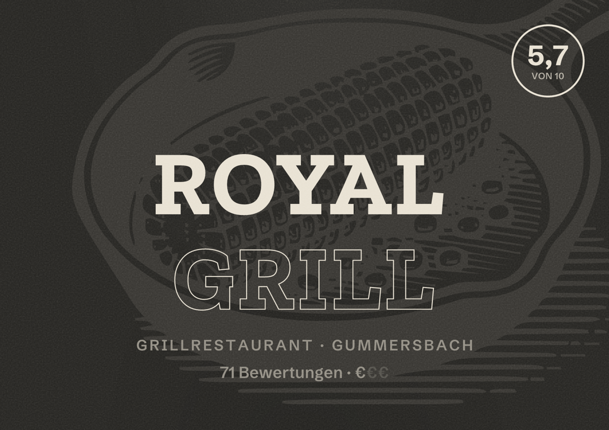 Illustriertes Poster von Royal Grill, Grillrestaurant in Gummersbach: Bewertung 5,7 von 10 aus 71 Bewertungen, Preisniveau €