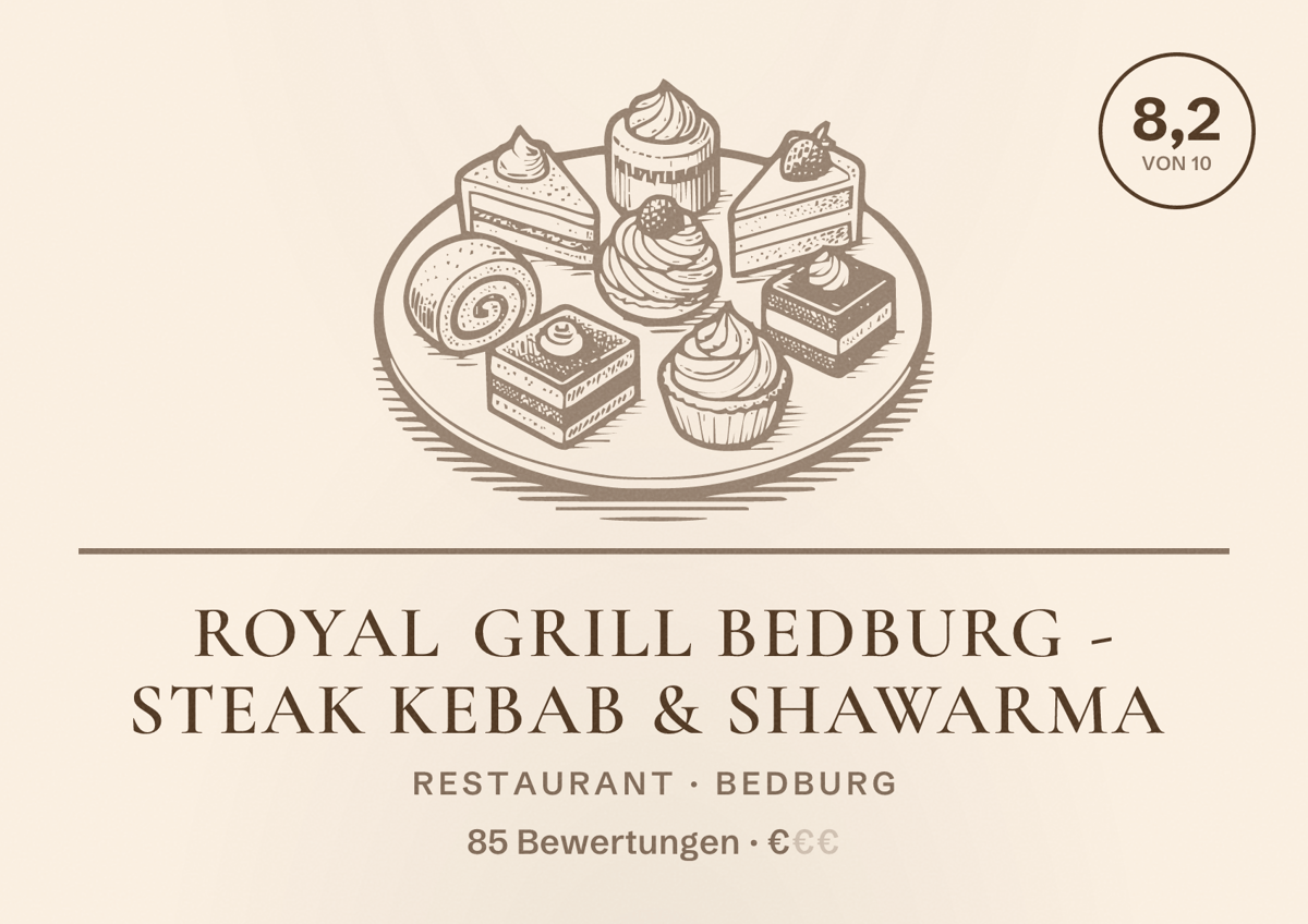 Illustriertes Poster von Royal Grill Bedburg - Steak Kebab & Shawarma, Restaurant in Bedburg: Bewertung 8,2 von 10 aus 85 Bewertungen, Preisniveau €
