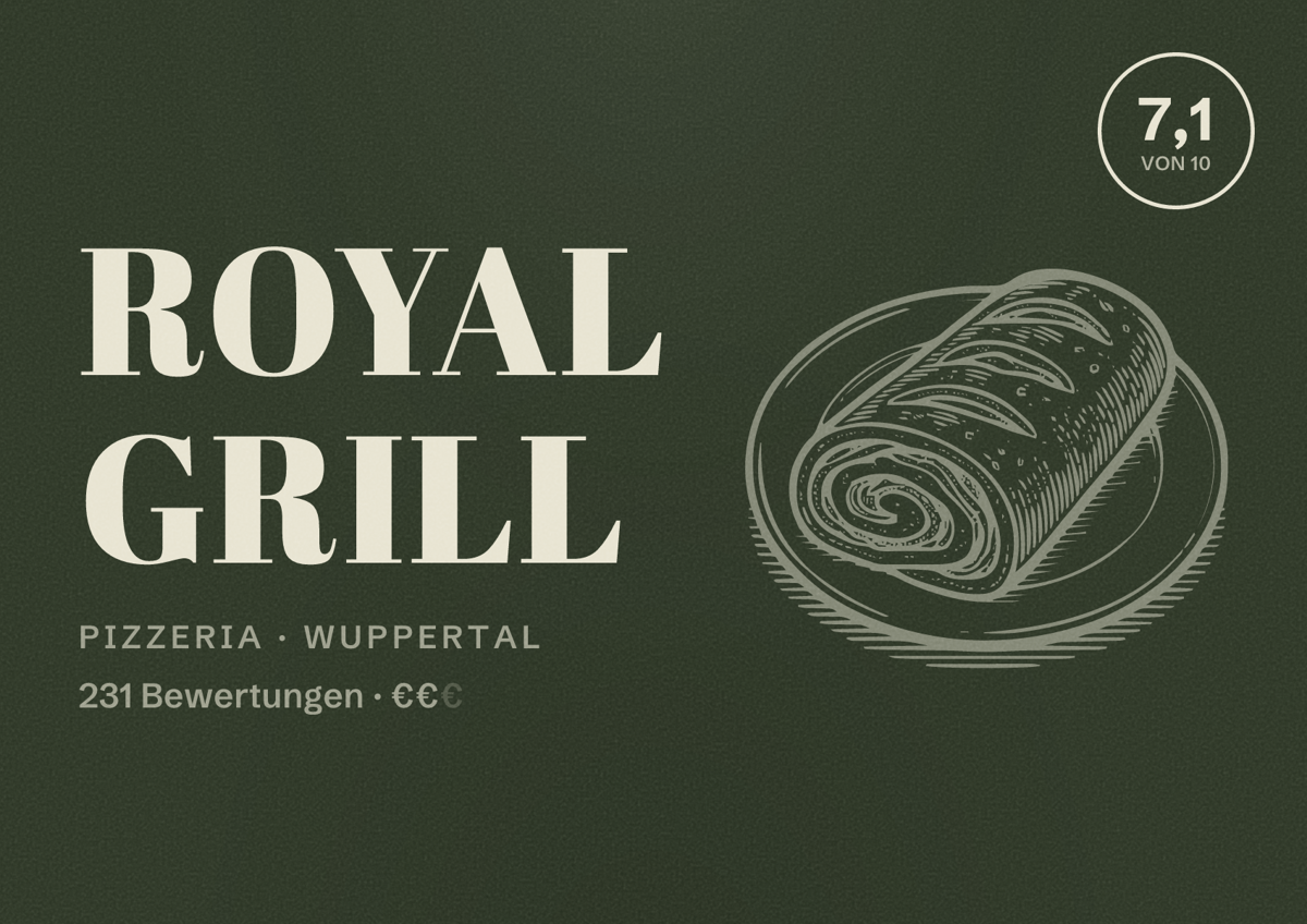 Illustriertes Poster von Royal Grill, Pizzeria in Wuppertal: Gästebewertung 7,1 von 10 aus 231 Bewertungen