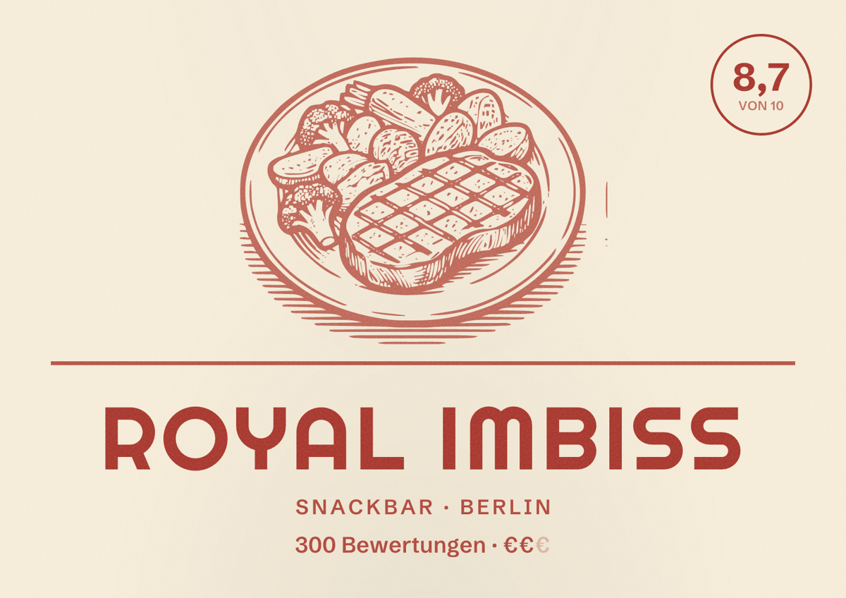 Illustriertes Poster von Royal Imbiss, Snackbar in Berlin: Bewertung 8,7 von 10 aus 300 Bewertungen, Preisniveau €€