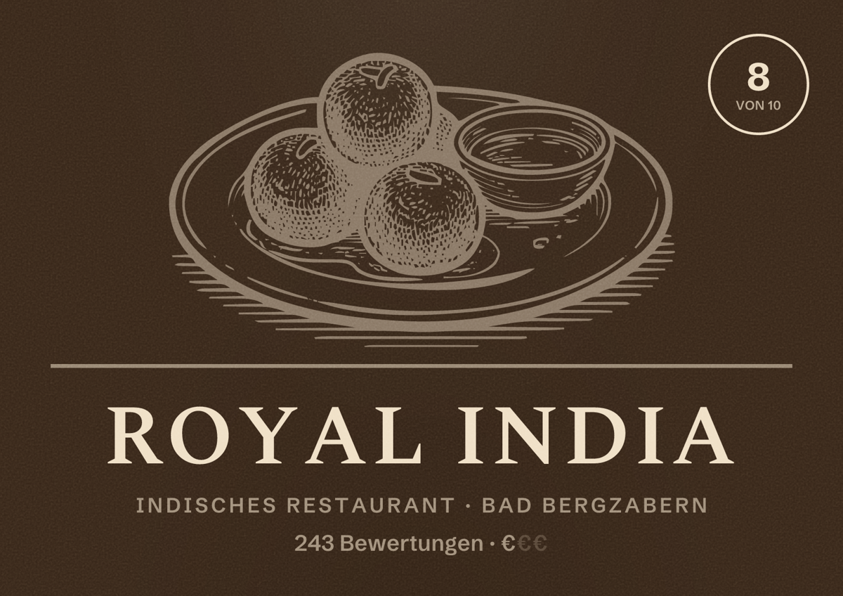 Illustriertes Poster von Royal India, Indisches Restaurant in Bad Bergzabern: Bewertung 8 von 10 aus 243 Bewertungen, Preisniveau €