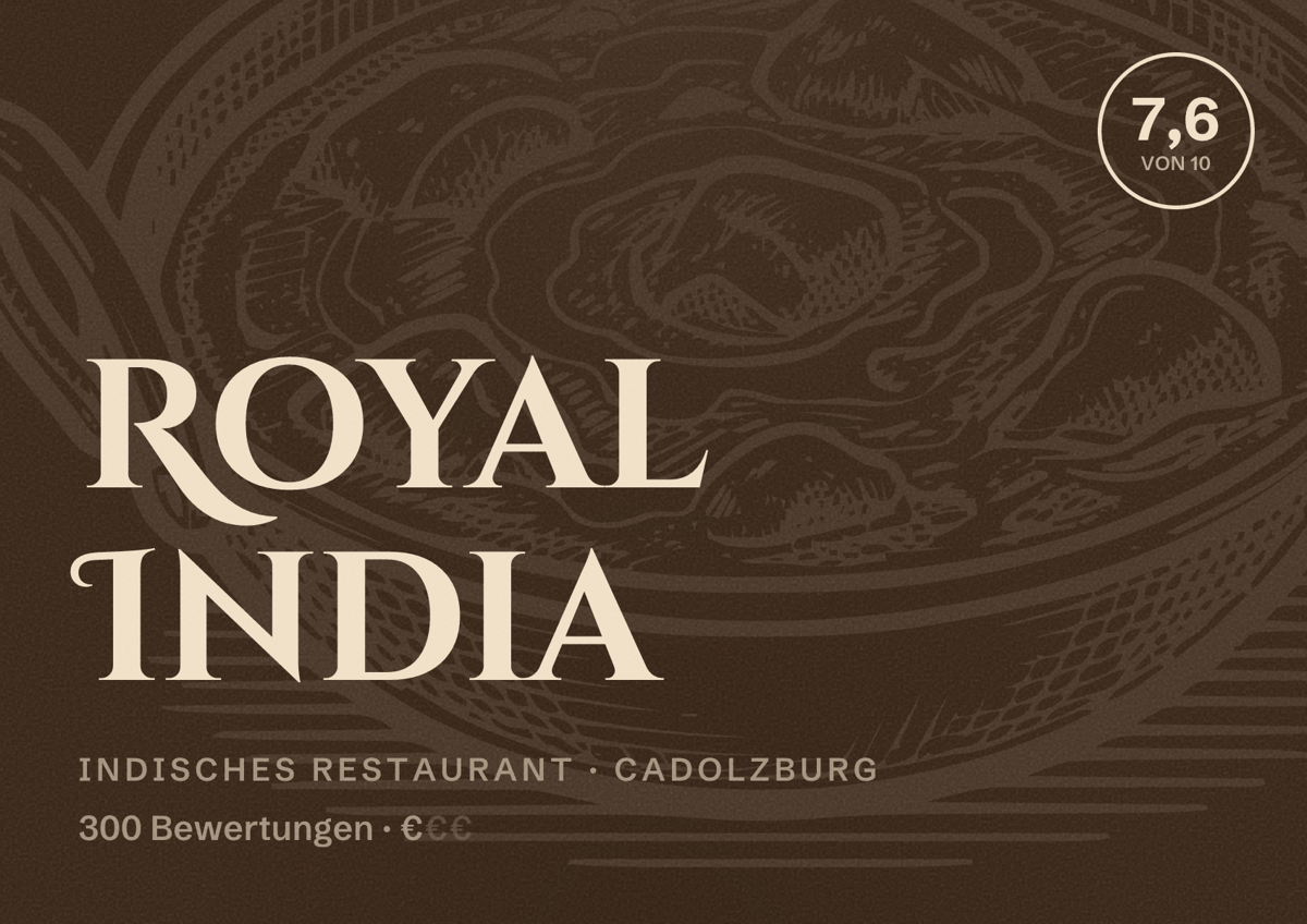 Illustriertes Poster von Royal India, Indisches Restaurant in Cadolzburg: Bewertung 7,6 von 10 aus 300 Bewertungen, Preisniveau €