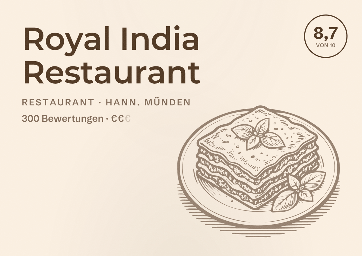 Illustriertes Poster von Royal India Restaurant, Restaurant in Hann. Münden: Bewertung 8,7 von 10 aus 300 Bewertungen, Preisniveau €€