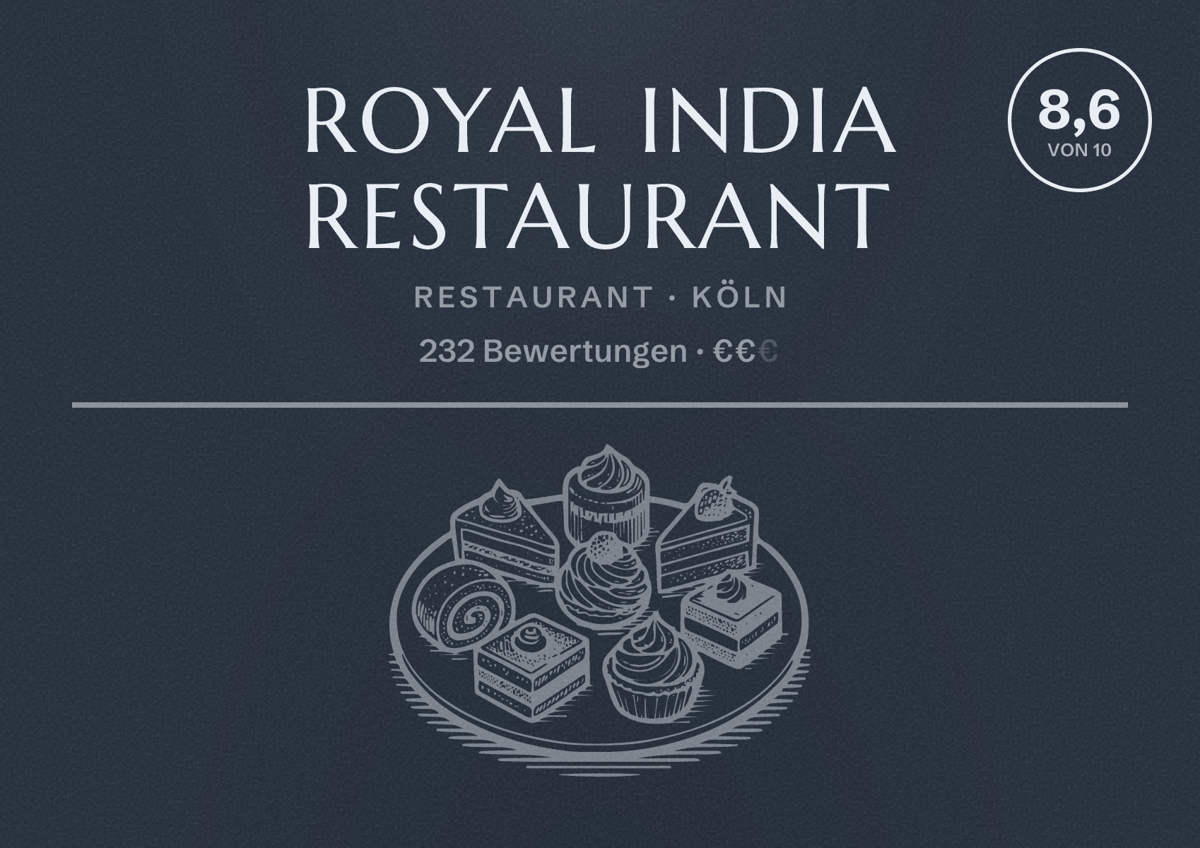 Illustriertes Poster von Royal India Restaurant, Restaurant in Köln: Bewertung 8,6 von 10 aus 232 Bewertungen, Preisniveau €€