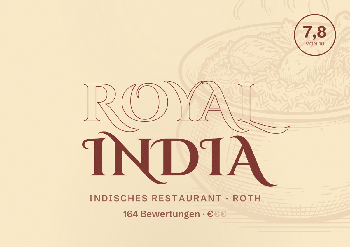 Illustriertes Poster von Royal India, Indisches Restaurant in Roth: Bewertung 7,8 von 10 aus 164 Bewertungen, Preisniveau €