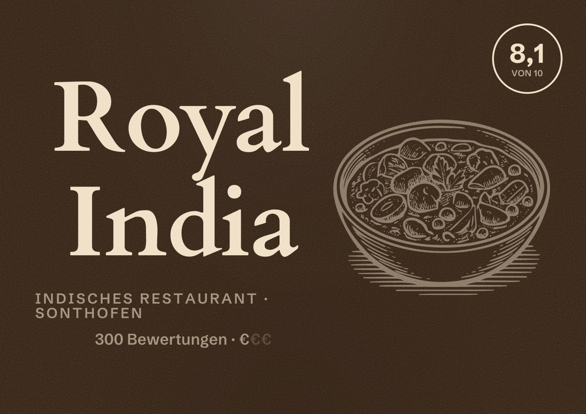 Illustriertes Poster von Royal India, Indisches Restaurant in Sonthofen: Bewertung 8,1 von 10 aus 300 Bewertungen, Preisniveau €