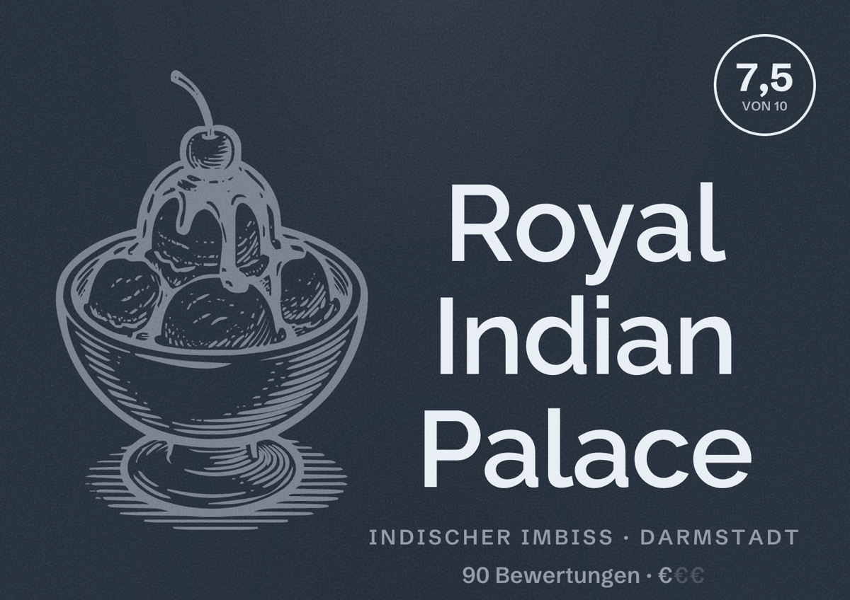 Illustriertes Poster von Royal Indian Palace, Indischer Imbiss in Darmstadt: Bewertung 7,5 von 10 aus 90 Bewertungen, Preisniveau €