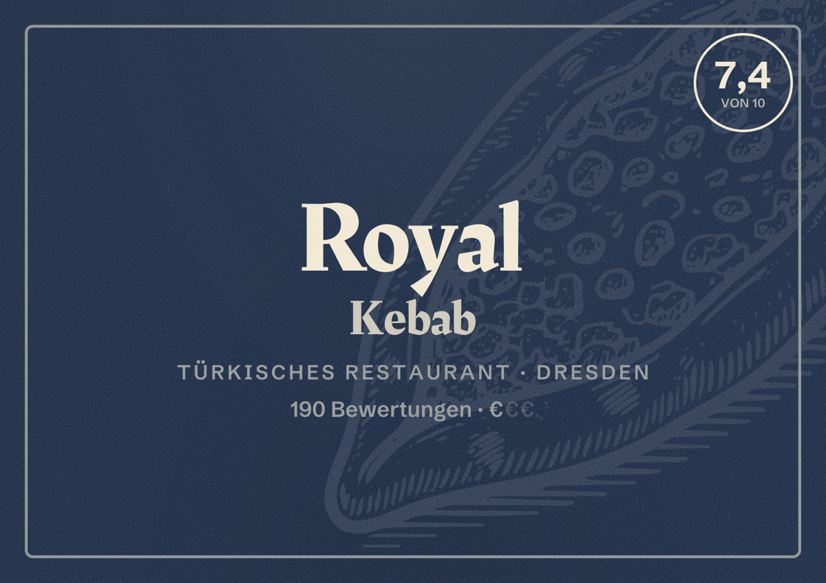 Illustriertes Poster von Royal Kebab, Türkisches Restaurant in Dresden: Bewertung 7,4 von 10 aus 190 Bewertungen, Preisniveau €